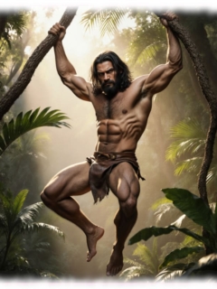 Tarzan an Baum und Liane hängend, Lendenschurz um den Hüften. Tarzan an Baum und Liane hängend, Lendenschurz um den Hüften.