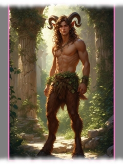 Junger Satyr vor Tempel stehend, Efeu um den Hüften, Bacchusfackel von Fell bedeckt. Junger Satyr vor Tempel stehend, Efeu um den Hüften, Bacchusfackel von Fell bedeckt.