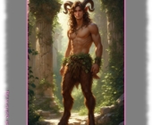 Junger Satyr vor Tempel stehend, Efeu um den Hüften, Bacchusfackel von Fell bedeckt. Junger Satyr vor Tempel stehend, Efeu um den Hüften, Bacchusfackel von Fell bedeckt.