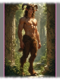 Junger Satyr vor Tempel stehend, Juwel der Sünde unter Fell verborgen. Junger Satyr vor Tempel stehend, Juwel der Sünde unter Fell verborgen.