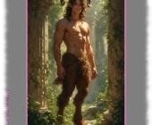 Junger Satyr vor Tempel stehend, Juwel der Sünde unter Fell verborgen. Junger Satyr vor Tempel stehend, Juwel der Sünde unter Fell verborgen.