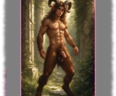 Nackter Satyr vor Tempel stehend, zottiger Lustbereich über seinem Funken des Eros. Nackter Satyr vor Tempel stehend, zottiger Lustbereich über seinem Funken des Eros.