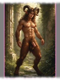 Nackter Satyr vor Tempel stehend, zottiger Lustbereich über seinem Funken des Eros. Nackter Satyr vor Tempel stehend, zottiger Lustbereich über seinem Funken des Eros.