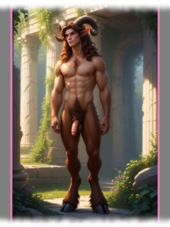 Nackter Satyr vor Tempel stehend, zottiger Lustbereich über seinem Dionysos’ Spielzeug. Nackter Satyr vor Tempel stehend, zottiger Lustbereich über seinem Dionysos’ Spielzeug.