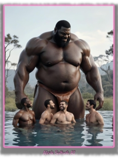 Dunkelhäutiger massiver Riese im See , Männer vor ihm im Wasser. Dunkelhäutiger massiver Riese im See , Männer vor ihm im Wasser.