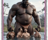 Dunkelhäutiger massiver Riese im See , Männer vor ihm im Wasser. Dunkelhäutiger massiver Riese im See , Männer vor ihm im Wasser.