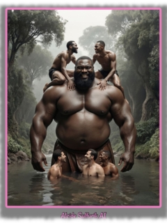 Dunkelhäutiger kräftiger Riese im See , Männer spielen mit ihm, zwei hocken auf seinen Schultern. Dunkelhäutiger kräftiger Riese im See , Männer spielen mit ihm, zwei hocken auf seinen Schultern.