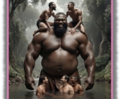 Dunkelhäutiger kräftiger Riese im See , Männer spielen mit ihm, zwei hocken auf seinen Schultern. Dunkelhäutiger kräftiger Riese im See , Männer spielen mit ihm, zwei hocken auf seinen Schultern.