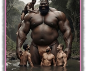 Dunkelhäutiger kräftiger Riese im See , Männer spielen mit ihm, einer klettert auf seine Schulter. Dunkelhäutiger kräftiger Riese im See , Männer spielen mit ihm, einer klettert auf seine Schulter.