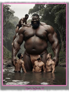 Dunkelhäutiger kräftiger Riese im See , Männer spielen mit ihm, einer klettert auf seine Schulter. Dunkelhäutiger kräftiger Riese im See , Männer spielen mit ihm, einer klettert auf seine Schulter.