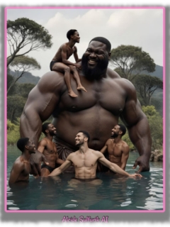 Dunkelhäutiger kräftiger Riese im See , Männer spielen mit ihm, einer sitzt auf dessen Schulter. Dunkelhäutiger kräftiger Riese im See , Männer spielen mit ihm, einer sitzt auf dessen Schulter.