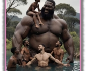 Dunkelhäutiger kräftiger Riese im See , Männer spielen mit ihm, einer sitzt auf dessen Schulter. Dunkelhäutiger kräftiger Riese im See , Männer spielen mit ihm, einer sitzt auf dessen Schulter.