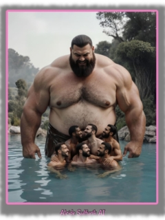 Kräftiger Riese im See stehend, Männer versammeln sich vor seinem haarigen Bauch. Kräftiger Riese im See stehend, Männer versammeln sich vor seinem haarigen Bauch.