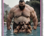 Kräftiger Riese im See stehend, Männer versammeln sich vor seinem haarigen Bauch. Kräftiger Riese im See stehend, Männer versammeln sich vor seinem haarigen Bauch.