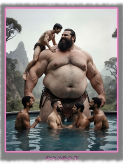 Kräftiger Riese im Zober stehend, Männer spielen mit ihm, einer klettert auf seine Schulter. Kräftiger Riese im Zober stehend, Männer spielen mit ihm, einer klettert auf seine Schulter.