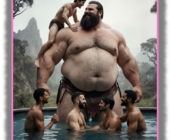 Kräftiger Riese im Zober stehend, Männer spielen mit ihm, einer klettert auf seine Schulter. Kräftiger Riese im Zober stehend, Männer spielen mit ihm, einer klettert auf seine Schulter.