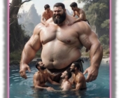 Kräftiger Riese im See stehend, Männer spielen mit ihm und hängen an seinen Schultern. Kräftiger Riese im See stehend, Männer spielen mit ihm und hängen an seinen Schultern.