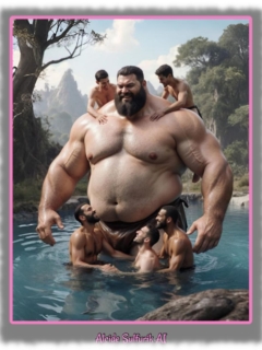 Kräftiger Riese im See stehend, Männer spielen mit ihm und hängen an seinen Schultern. Kräftiger Riese im See stehend, Männer spielen mit ihm und hängen an seinen Schultern.