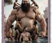 Kräftiger Riese in Badebecken stehend, Männer nutzen ihn als Spielplatz. Kräftiger Riese in Badebecken stehend, Männer nutzen ihn als Spielplatz.