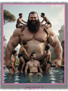 Kräftiger Riese in Badebecken stehend, Männer nutzen ihn als Spielplatz. Kräftiger Riese in Badebecken stehend, Männer nutzen ihn als Spielplatz.