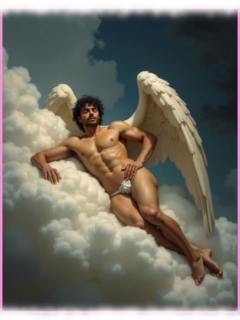 Lockiger Engel mit weißen Flügeln auf Wolke liegend, Hand auf der nackten Hüfte. Lockiger Engel mit weißen Flügeln auf Wolke liegend, Hand auf der nackten Hüfte.