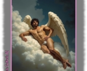 Lockiger Engel mit weißen Flügeln auf Wolke liegend, Hand auf der nackten Hüfte. Lockiger Engel mit weißen Flügeln auf Wolke liegend, Hand auf der nackten Hüfte.