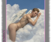 Nackter Engel mit weißen Flügeln auf Wolke ruhend, tief im Schlaf versunken. Nackter Engel mit weißen Flügeln auf Wolke ruhend, tief im Schlaf versunken.