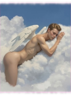 Nackter Engel mit weißen Flügeln auf Wolke ruhend, tief im Schlaf versunken. Nackter Engel mit weißen Flügeln auf Wolke ruhend, tief im Schlaf versunken.