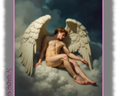 Nackter Engel mit weißen Flügeln auf Wolke ruhend, tief im Schlaf versunken. Nackter Engel mit weißen Flügeln auf Wolke ruhend, tief im Schlaf versunken.