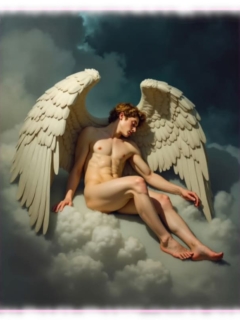 Nackter Engel mit weißen Flügeln auf Wolke ruhend, tief im Schlaf versunken. Nackter Engel mit weißen Flügeln auf Wolke ruhend, tief im Schlaf versunken.