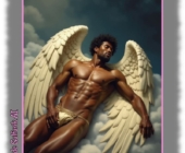 Dunkelhäutiger Engel mit weißen Flügeln auf Wolke liegend, Hand ruht an geformter Stelle im Gewebe. Dunkelhäutiger Engel mit weißen Flügeln auf Wolke liegend, Hand ruht an geformter Stelle im Gewebe.