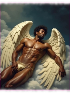 Dunkelhäutiger Engel mit weißen Flügeln auf Wolke liegend, Hand ruht an geformter Stelle im Gewebe. Dunkelhäutiger Engel mit weißen Flügeln auf Wolke liegend, Hand ruht an geformter Stelle im Gewebe.