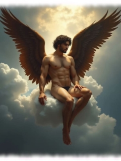 Lockiger Engel mit braunen Flügeln auf Wolke sitzend, Hand auf nacktem Oberschenkel. Lockiger Engel mit braunen Flügeln auf Wolke sitzend, Hand auf nacktem Oberschenkel.