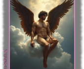 Lockiger Engel mit braunen Flügeln auf Wolke sitzend, Hand auf nacktem Oberschenkel. Lockiger Engel mit braunen Flügeln auf Wolke sitzend, Hand auf nacktem Oberschenkel.