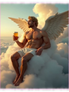 Blonder Engel mit weißen Flügeln auf Wolke sitzend, Bierglas in der Hand. Blonder Engel mit weißen Flügeln auf Wolke sitzend, Bierglas in der Hand.