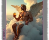 Blonder Engel mit weißen Flügeln auf Wolke sitzend, Bierglas in der Hand. Blonder Engel mit weißen Flügeln auf Wolke sitzend, Bierglas in der Hand.