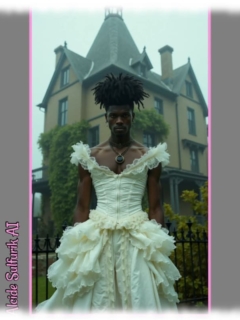 Dunkelhäutiger Mann in eng geschnürtem weißen Kleid, vor Villa stehend. Dunkelhäutiger Mann in eng geschnürtem weißen Kleid, vor Villa stehend.