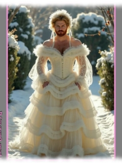 Ginger Men, Bartträger in weißem Kleid, großzügiges Dekolleté mit üppiger Brustbehaarung. Ginger Men, Bartträger in weißem Kleid, großzügiges Dekolleté mit üppiger Brustbehaarung.