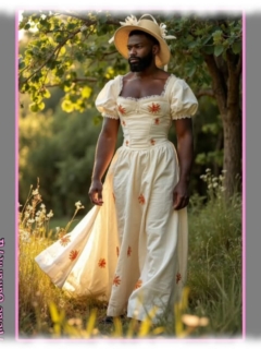 Dunkelhäutiger Bartträger im Sommer-Kleid, großzügiges Dekolleté, am Waldrand. Dunkelhäutiger Bartträger im Sommer-Kleid, großzügiges Dekolleté, am Waldrand.