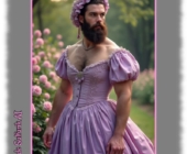 Bartträger in lila-farbenen Kleid, eng geschnürt, Dekolleté mit Brustbehaarung, Bartträger in lila-farbenen Kleid, eng geschnürt, Dekolleté mit Brustbehaarung,