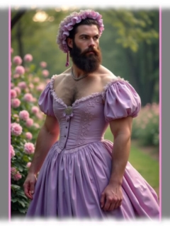 Bartträger in lila-farbenen Kleid, eng geschnürt, Dekolleté mit Brustbehaarung, Bartträger in lila-farbenen Kleid, eng geschnürt, Dekolleté mit Brustbehaarung,