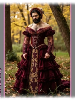 Bartträger in opulentem dunkelroten Kleid, eng geschnürt, im Wald stehend. Bartträger in opulentem dunkelroten Kleid, eng geschnürt, im Wald stehend.