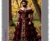 Bartträger in opulentem dunkelroten Kleid, eng geschnürt, im Wald stehend. Bartträger in opulentem dunkelroten Kleid, eng geschnürt, im Wald stehend.