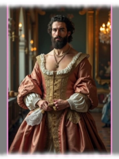 Bartträger in opulentem Kleid. Hände berühren sich verspielt. Bartträger in opulentem Kleid. Hände berühren sich verspielt.