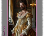 Bartträger mit hochgestecktem Haar trägt eng geschnürtes Kleid. Bartträger mit hochgestecktem Haar trägt eng geschnürtes Kleid.