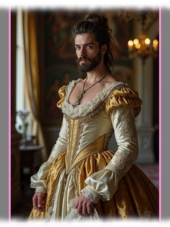 Bartträger mit hochgestecktem Haar trägt eng geschnürtes Kleid. Bartträger mit hochgestecktem Haar trägt eng geschnürtes Kleid.