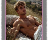 Junger Lockenkopf auf Stein liegend, freier Oberkörper vor antiker Kulisse im Hintergrund. Junger Lockenkopf auf Stein liegend, freier Oberkörper vor antiker Kulisse im Hintergrund.