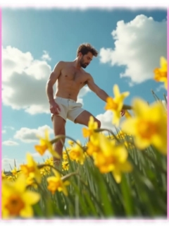 Bärtiger Mann in weißen Shorts zwischen Osterglocken. Bärtiger Mann in weißen Shorts zwischen Osterglocken.