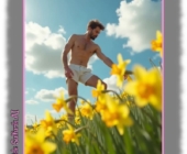 Bärtiger Mann in weißen Shorts zwischen Osterglocken. Bärtiger Mann in weißen Shorts zwischen Osterglocken.