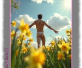 Mann im weißen Tanga zwischen Osterglocken, Rückenpartie mit prallem Po. Mann im weißen Tanga zwischen Osterglocken, Rückenpartie mit prallem Po.